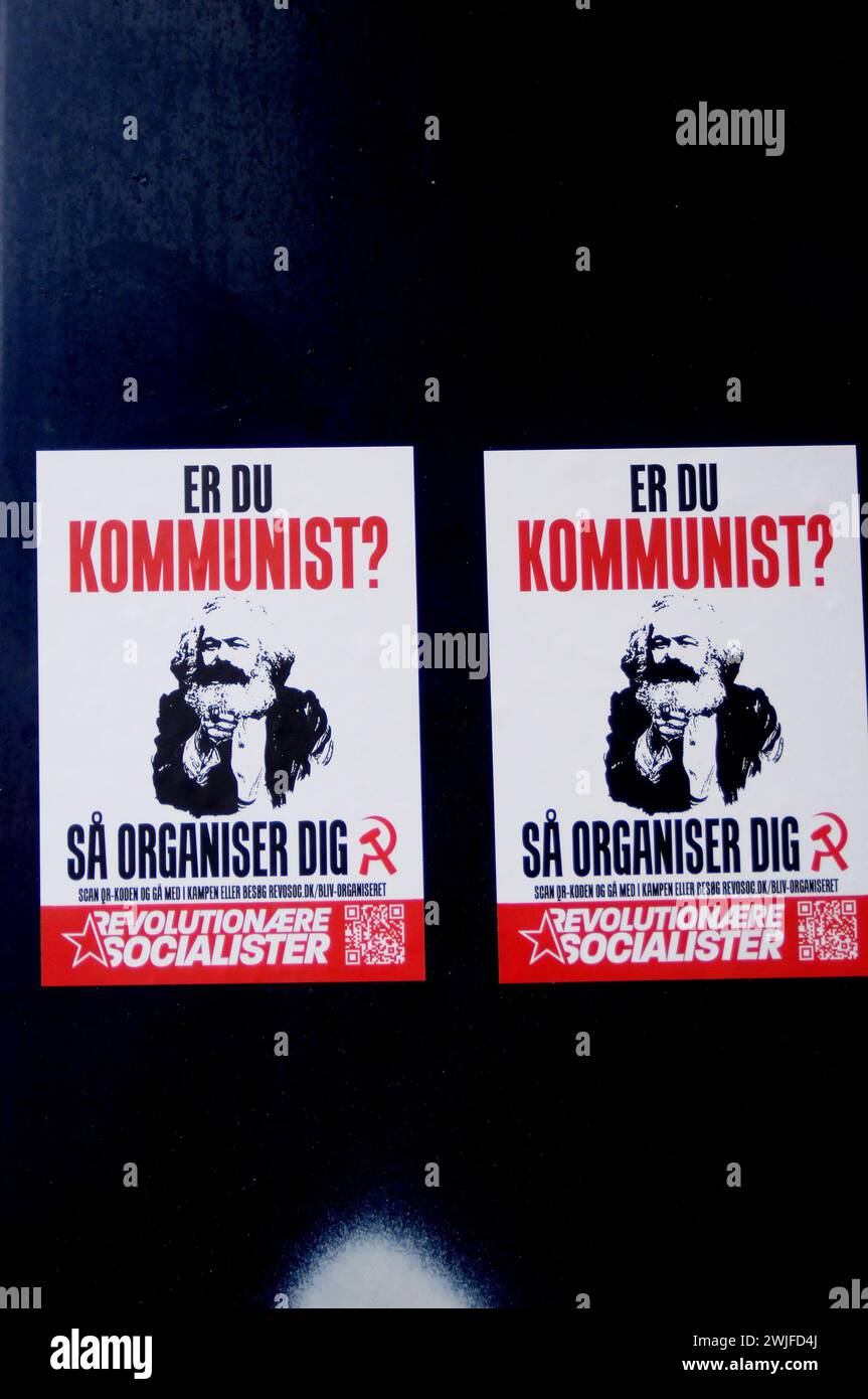 Copenhagen, Denmark /15 February  2024/.Two smll billboard read if you communist to join revolation socialists  billboar on bus stop styand in Copenhagen.    (Photo.Francis Joseph Dean/Dean Pictures) Stock Photo