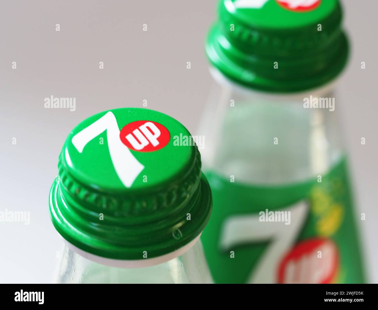 In this photo illustration, glass bottle of 7up seen displayed. (Photo by Igor Golovniov / SOPA Images/Sipa USA) *** Strictly for editorial news purposes only *** Stock Photo