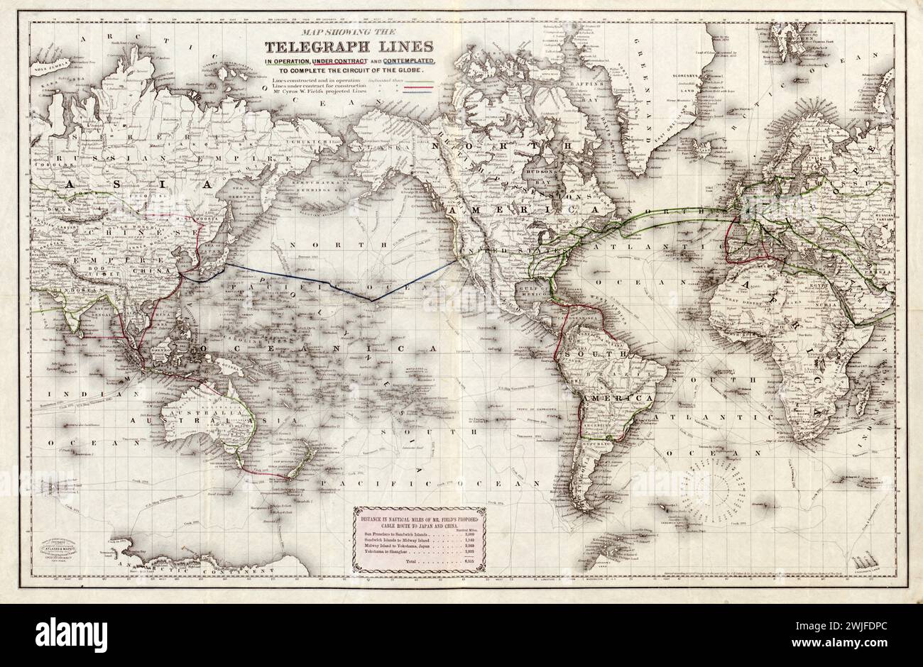 Vintage Colton Map. Title: World Map showing the telegraph lines in operation, under contract, and contemplated, to complete the circuit of the globe .  1871.  Published by J.H. Colton Stock Photo