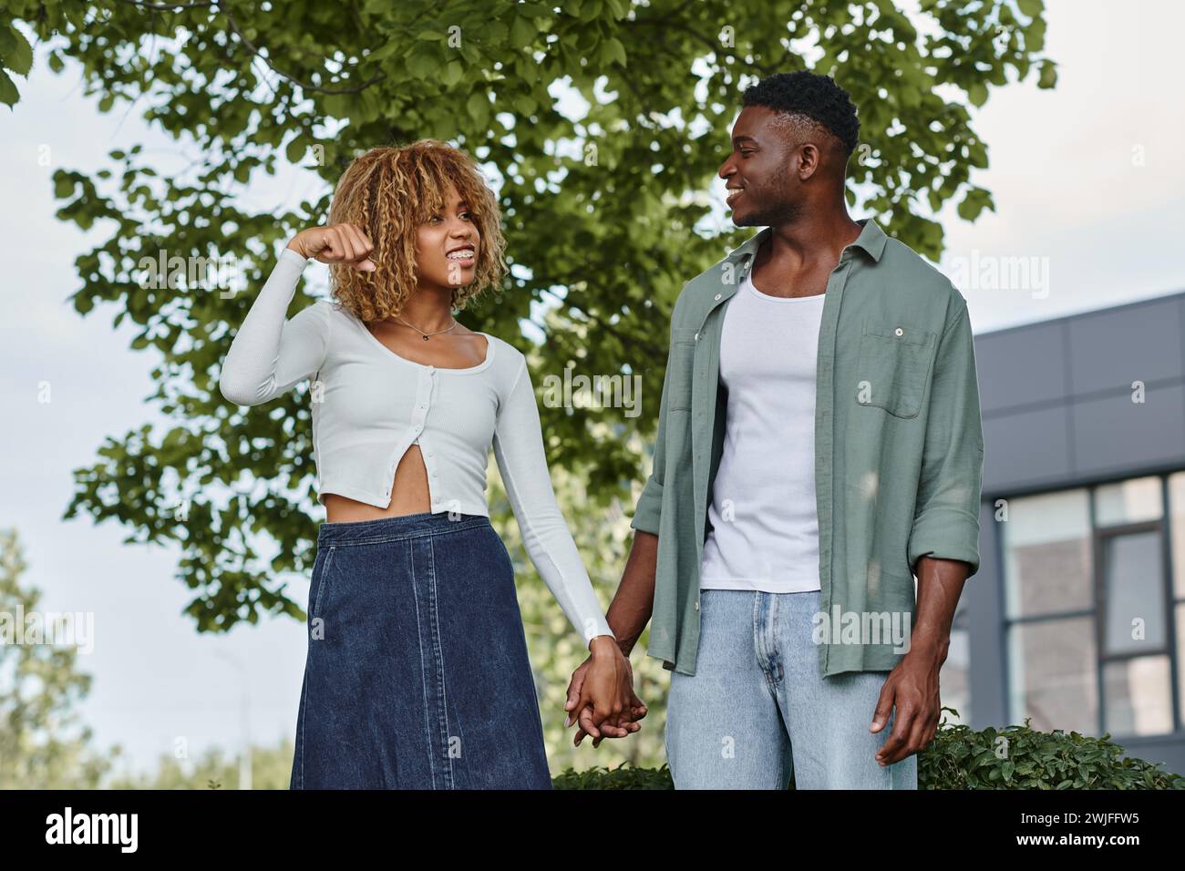 Young african american couple holding hands and communicating with hand ...