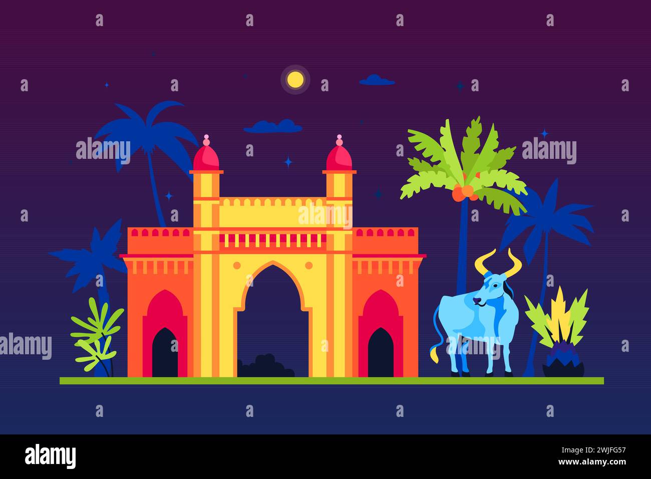 Kashmiri Gate at night - modern colored vector illustration Stock Vector