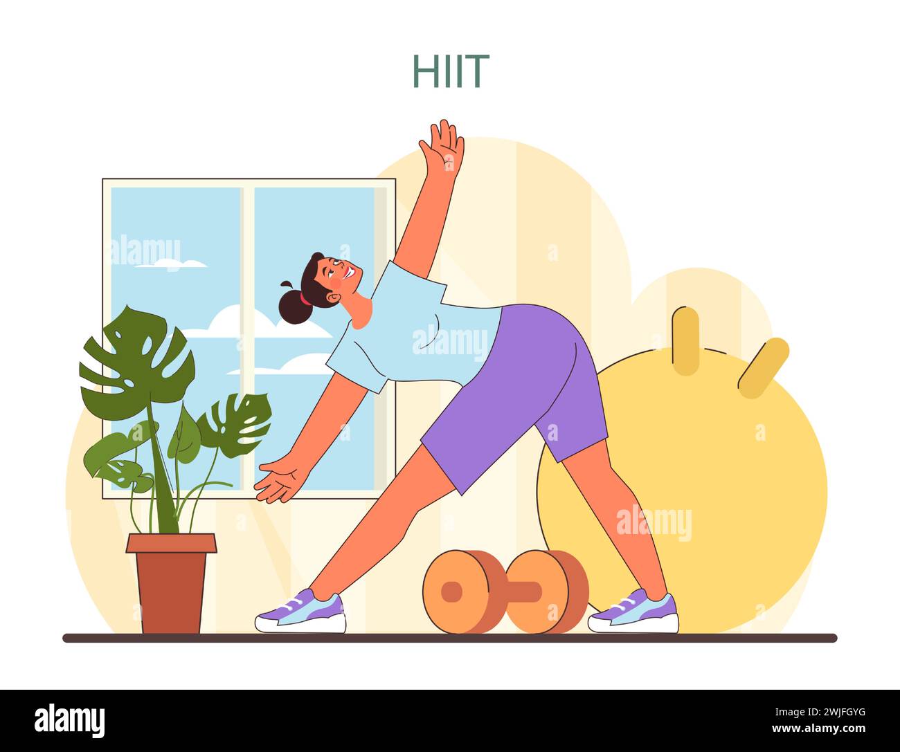 HIIT Workout illustration. A vibrant depiction of a home-based high-intensity workout, showcasing a woman in mid-stretch with fitness equipment. Encourages a lively and healthy lifestyle. vector Stock Vector