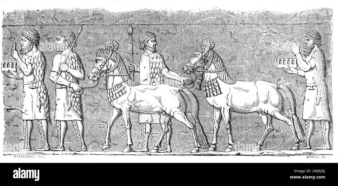 Bas-Relief or Stone Carving Relief of Assyrian Horses and Assyrian Men Wearing Tunics from Assyria, modern-day Iraq. Vintage or Historic Engraving or Illustration 1863 Stock Photo
