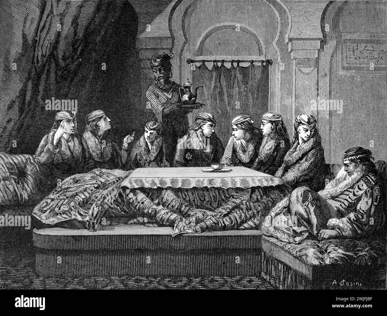 Turkish Women Being Served Tea or Coffee in a Turkish Harem, Huddled Around a Wood Stove Heater known as a Tandour Istanbul Turkey. Vintagz or Historic Engraving or Illustration 1863 Stock Photo