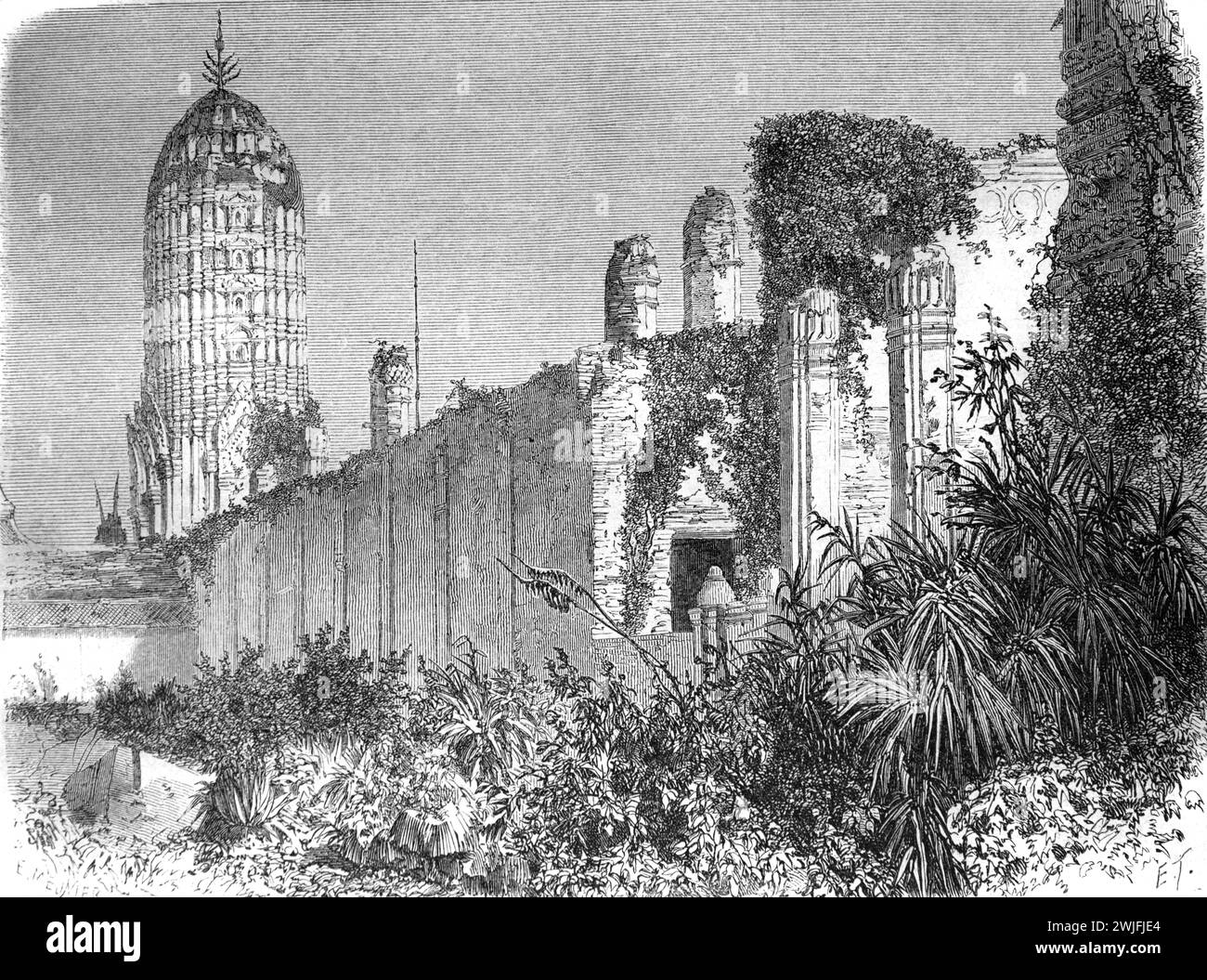 Overground Ruins Covered with Creepers & Ivy of Wat Temple (before Restoration) at Ayutthaya Historical Park Thailand. Vintage or Historical Engraving or Illustration 1863 Stock Photo