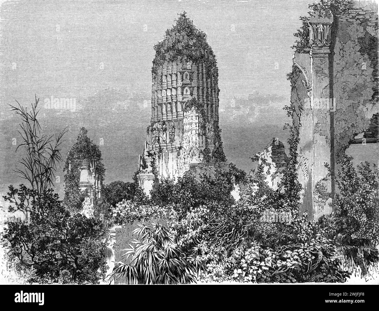 Overground Ruins Covered with Creepers & Ivy of Wat Temple (before Restoration) at Ayutthaya Historical Park Thailand. Vintage or Historical Engraving or Illustration 1863 Stock Photo