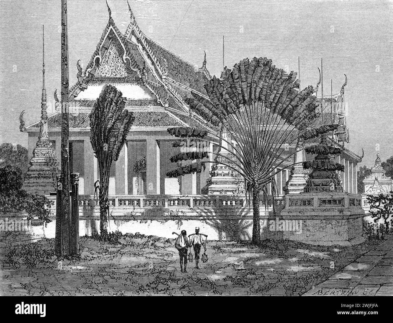 Ayutthaya Pagoda or Temple at Ayutthaya Historical Park Thailand. Vintage or Historical Engraving or Illustration 1863 Stock Photo