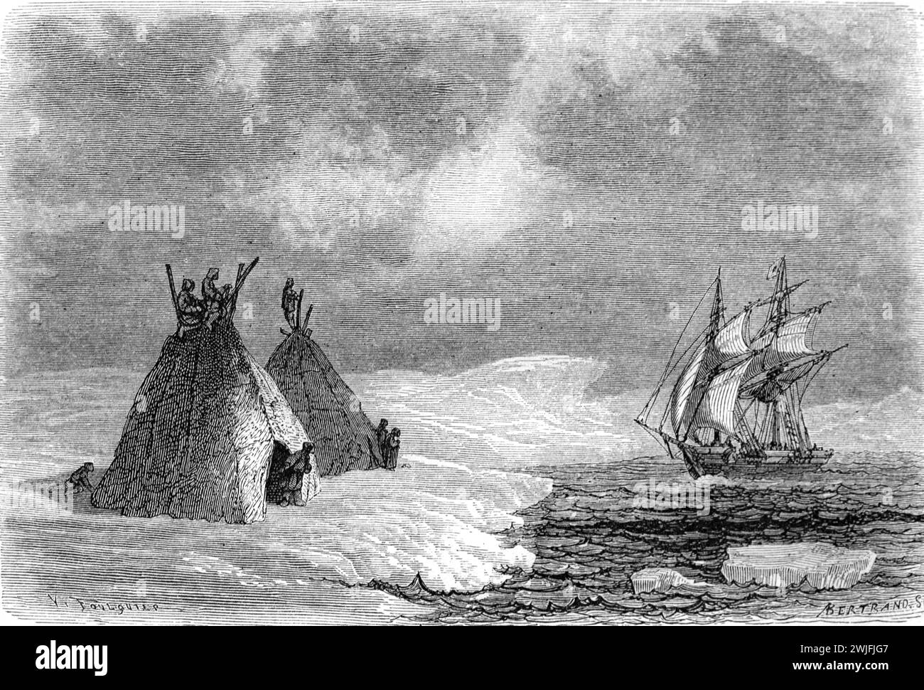 Nenets or Samoyeds and Nenet Huts on Vaygach Island, a Russia Island in the Arctic Sea, Arctic Russia or Russian Far North, Russia. Vintage or Historic Engraving or Illustration 1863 Stock Photo