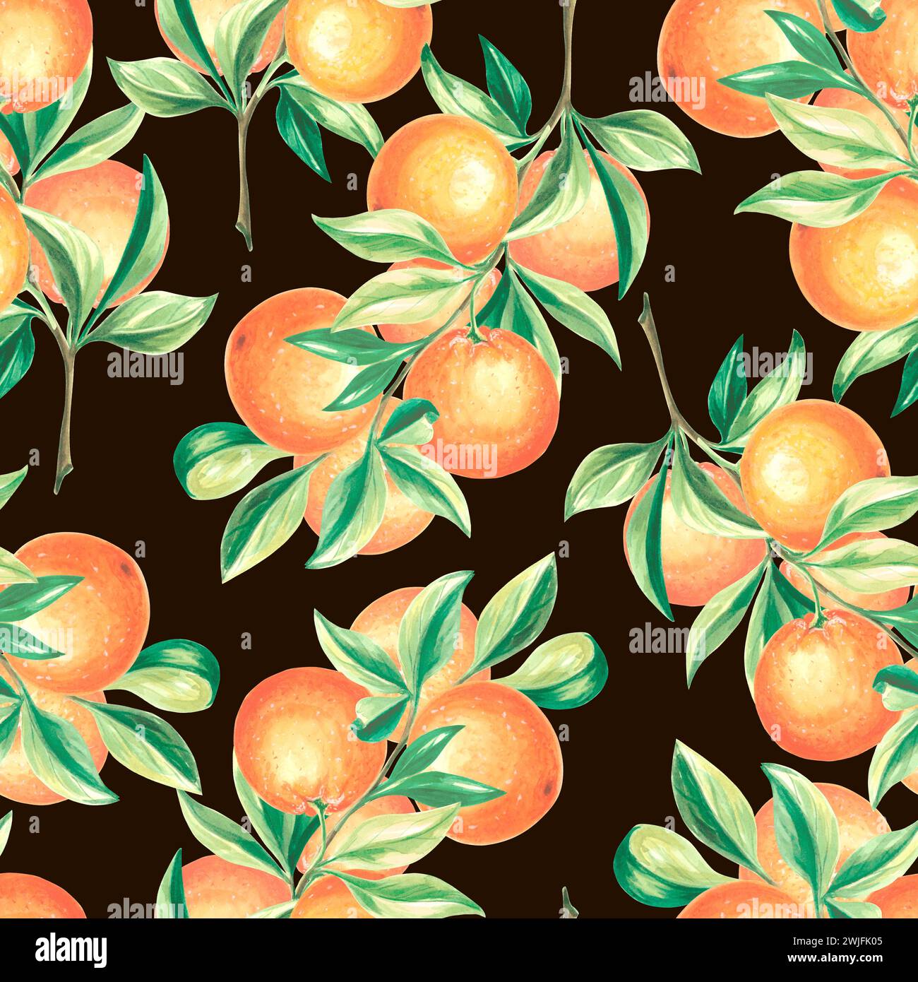 Seamless pattern with oranges fruit and leaves. Watercolor hand drawn 