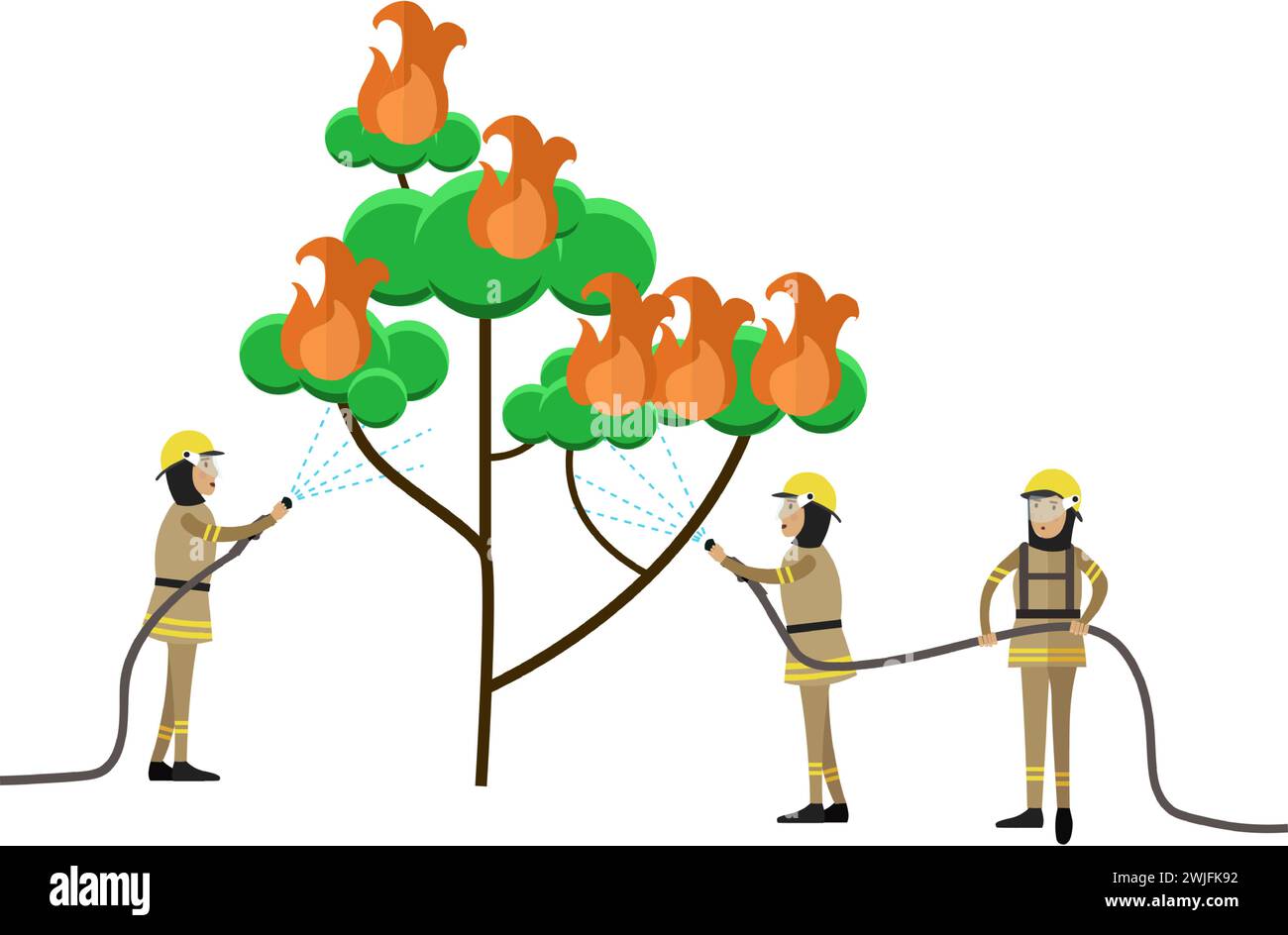 Firefighter team extinguishing burning tree vector icon isolated on ...