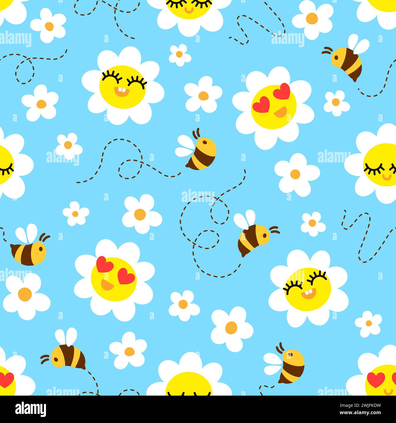 Bees on blossom meadow. Hand drown seamless vector pattern design Stock Vector