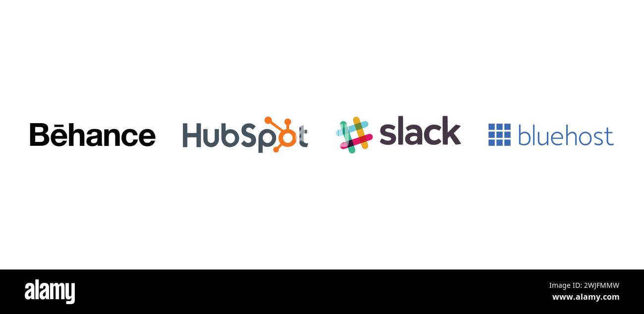 Slack, BlueHost, HubSpot, Behance. Vector illustration, editorial logo. Stock Vector