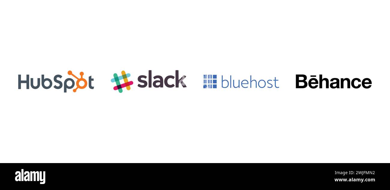 Slack , HubSpot, Behance, BlueHost. Vector illustration, editorial logo. Stock Vector