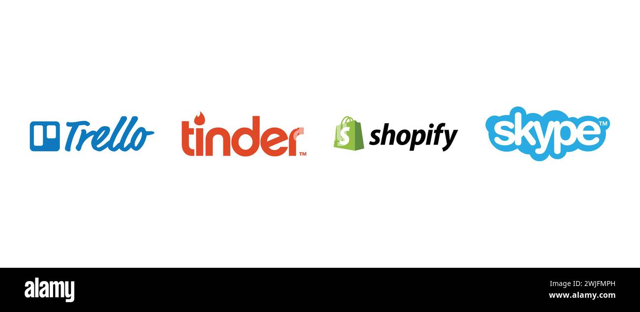Shopify, Tinder, Trello, Skype. Vector illustration, editorial logo. Stock Vector