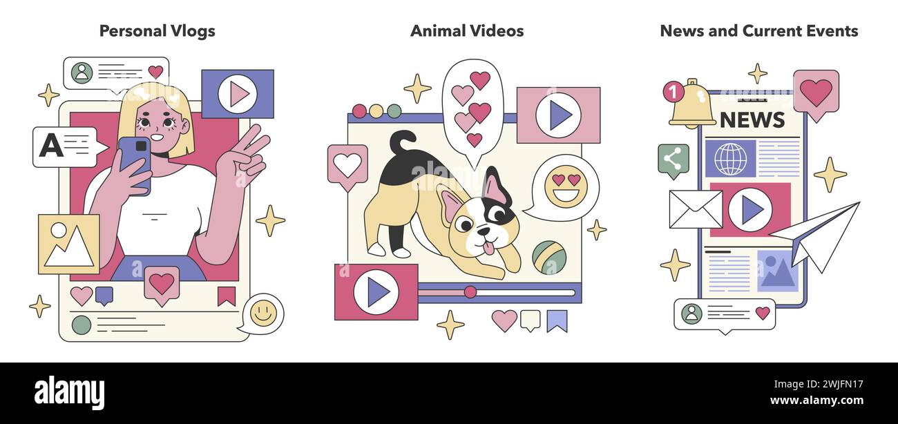 Social Media Content set. Intimate life snippets, adorable pet moments, global happenings. Lifestyle sharing, animal entertainment, informed citizenry. Flat vector illustration. Stock Vector