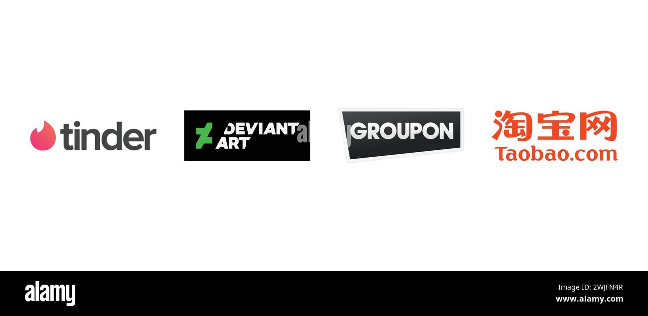 Tinder , DeviantArt, Taobao, Groupon. Vector illustration, editorial logo. Stock Vector