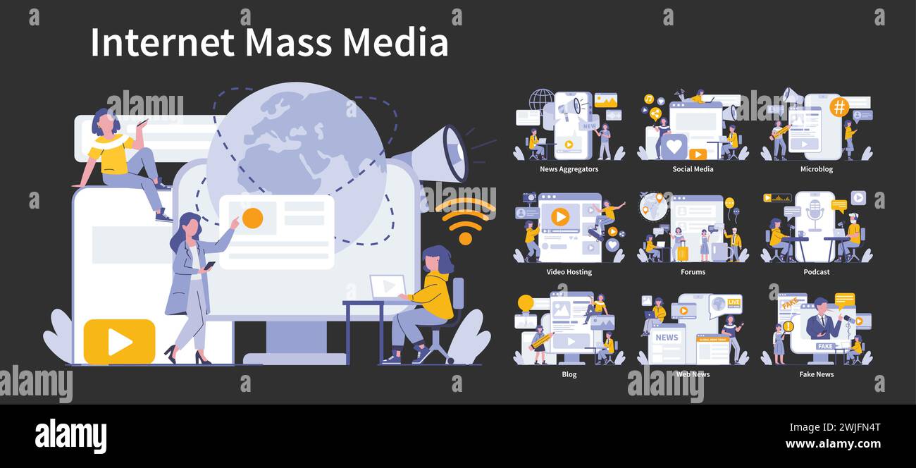 Mass Media night or dark mode set. Diverse online