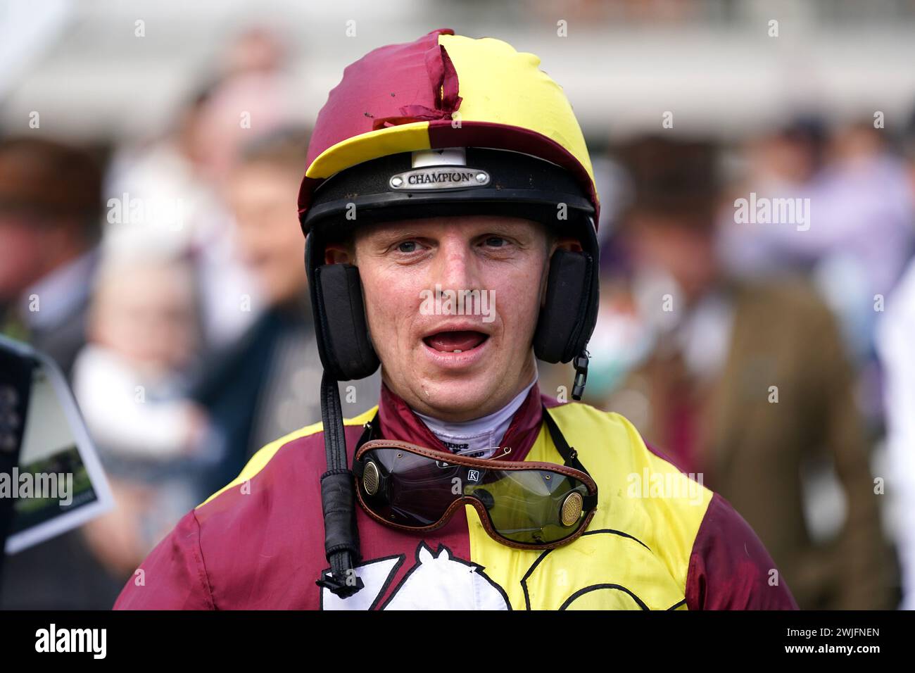 Jockey Maj Will Kellard after winning the Castel Royal Artillery Gold Cup with horse Farceur Du Large during the Royal Artillery Gold Cup Day at Sandown Park Racecourse, Surrey. Picture date: Thursday February 15, 2024. Stock Photo