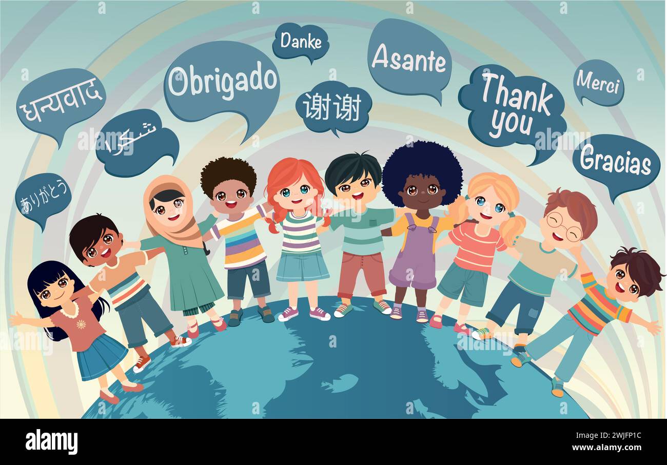 Multicultural children hugging and coming from different nations and continents.Speech bubbles with text Thank you in various international languages Stock Vector