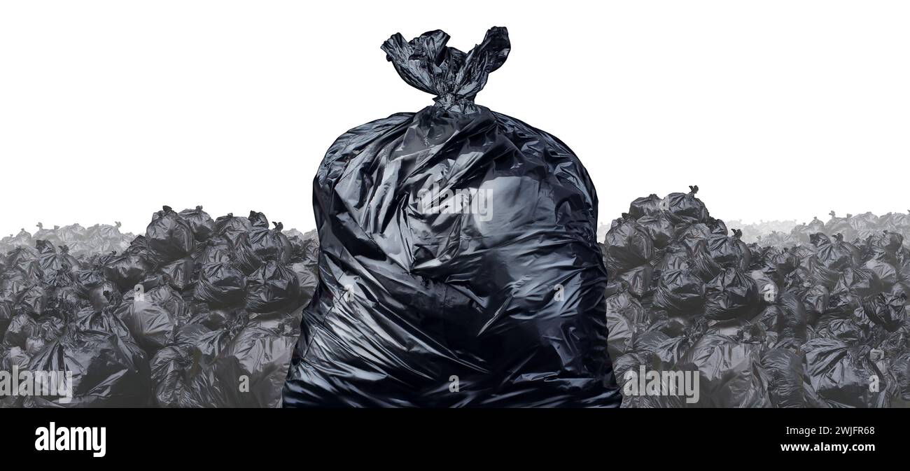 Garbage dump or dumpsite background isolated on a white background as a Waste disposal concept with a pile of black plastic trash bags. Stock Photo