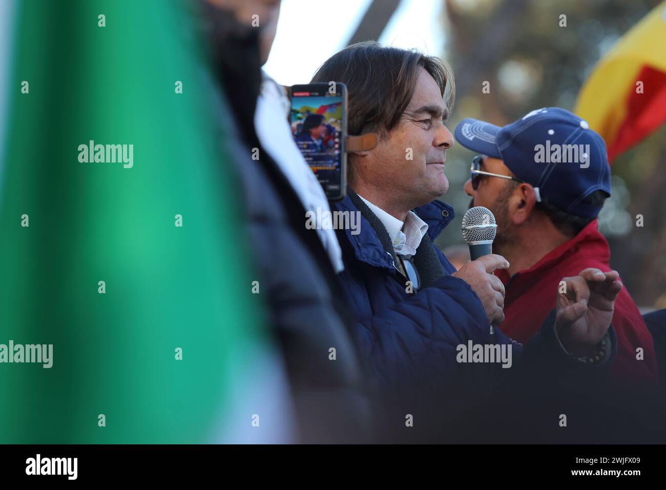 The farmers' protest in the Italian capital, the tractors arrived at the Circus Maximus. In the photo Danilo Calvani leader of the protest. Rome, Italy. February 15, 2024. ANTONIO NARDELLI / ALAMY LIVE NEWS Stock Photo
