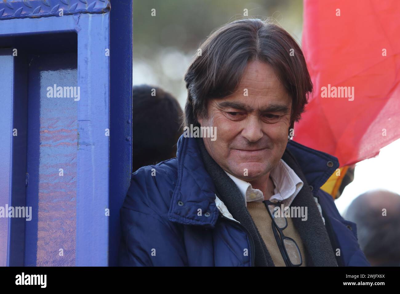 The farmers' protest in the Italian capital, the tractors arrived at the Circus Maximus. In the photo Danilo Calvani leader of the protest. Rome, Italy. February 15, 2024. ANTONIO NARDELLI / ALAMY LIVE NEWS Stock Photo