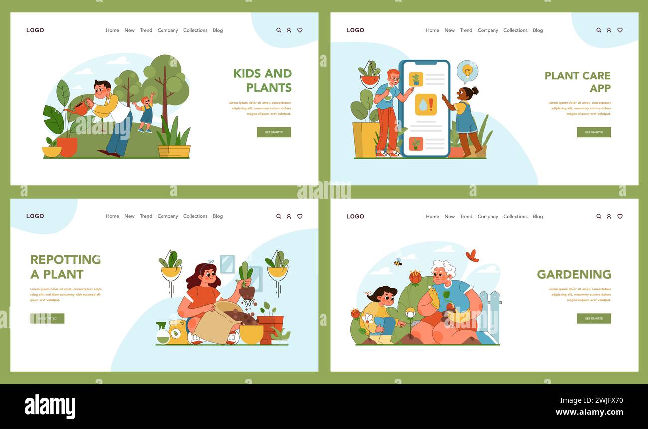 Indoor plant care set. Young boys and girls exploring nature with
