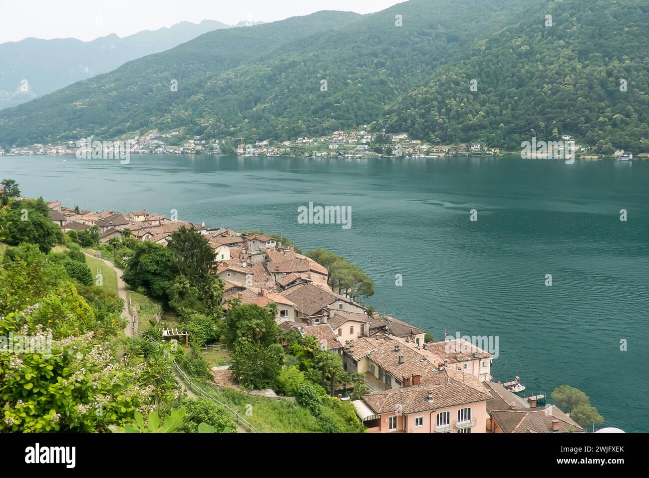Lake Lugano in Switzerland: the pretty village of Morecote. Stock Photo