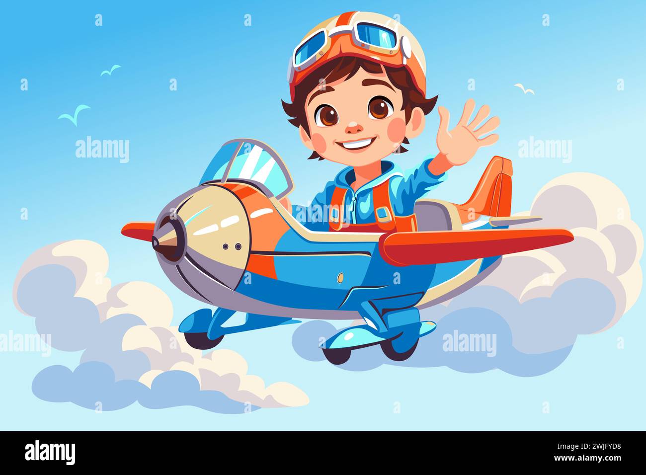 Cartoon kid pilot flying on toy airplane in sky with aviator goggles and happy smiling Stock Vector