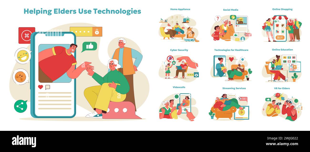 Tech savvy seniors concept. Male and female elderly learning and