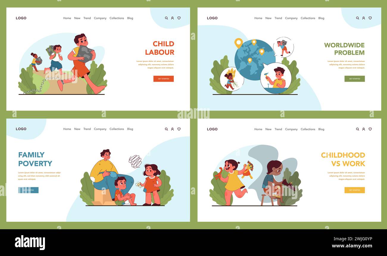 Child labor set. Juxtaposing carefree play with labor, highlighting health concerns and family poverty. Evoking call for change. Fight for children rights and freedom. Flat vector illustration Stock Vector