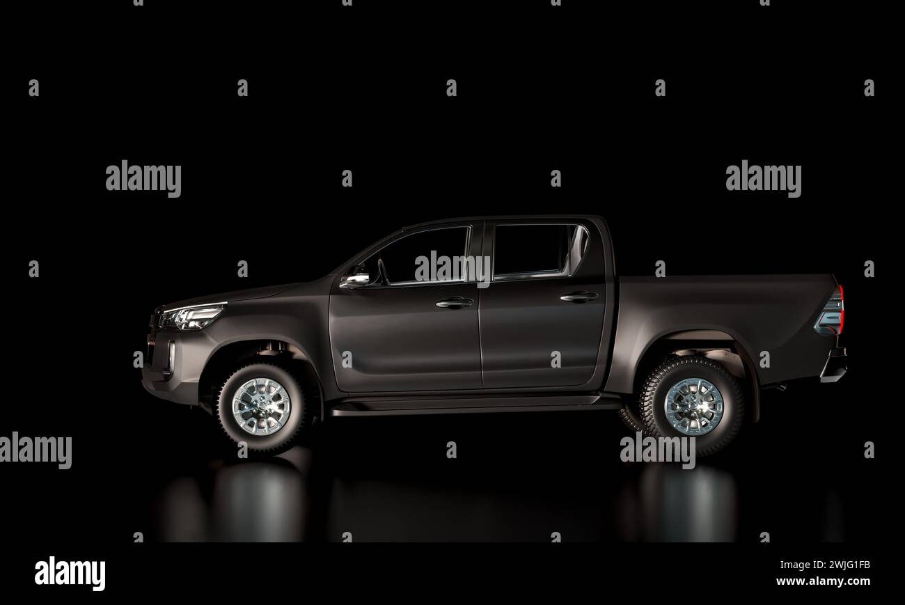 side view of a black pick-up truck, dark background. nobody.3d render illustration Stock Photo