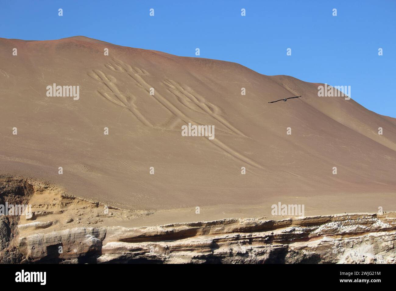 Candelabra glyph on a dune in Paracas National Park, taken from a boat to the Ballestas Islands Stock Photo