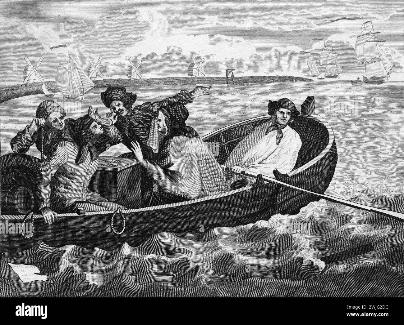 Black and White Illustration: 'The Idle 'Prentice Turned Away and Sent to Sea'. Engraving after William Hogarth (1697 - 1764)  from his series, 'Industry and Idleness'. His earlier series of painted works, 'The Harlot's Progress' and 'Marriage à-la-mode' which were subsequently released as engravings, 'Industry and Idleness' was engraved from the outset. Hogarth's aim in this series was to illustrate the possible rewards for working  hard, and the pitfalls of not doing so, a message predominantly aimed at working children.  This reproduction was by Thomas Cook and originally published 1806. Stock Photo