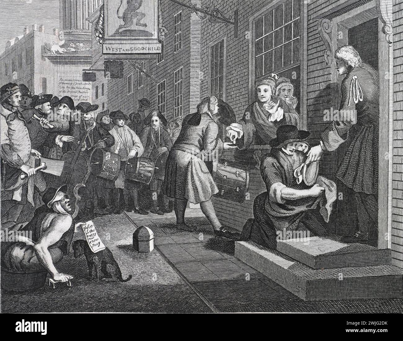 Black and White Illustration: 'The Industrious 'Prentice Out of his Time, and Married to his Master's Daughter'. Engraving after William Hogarth (1697 - 1764)  from his series, 'Industry and Idleness'. His earlier series of painted works, 'The Harlot's Progress' and 'Marriage à-la-mode' which were subsequently released as engravings, 'Industry and Idleness' was engraved from the outset. Hogarth's aim in this series was to illustrate the possible rewards for working  hard, and the pitfalls of not doing so, a message predominantly aimed at working children.  This reproduction was by Thomas Cook. Stock Photo