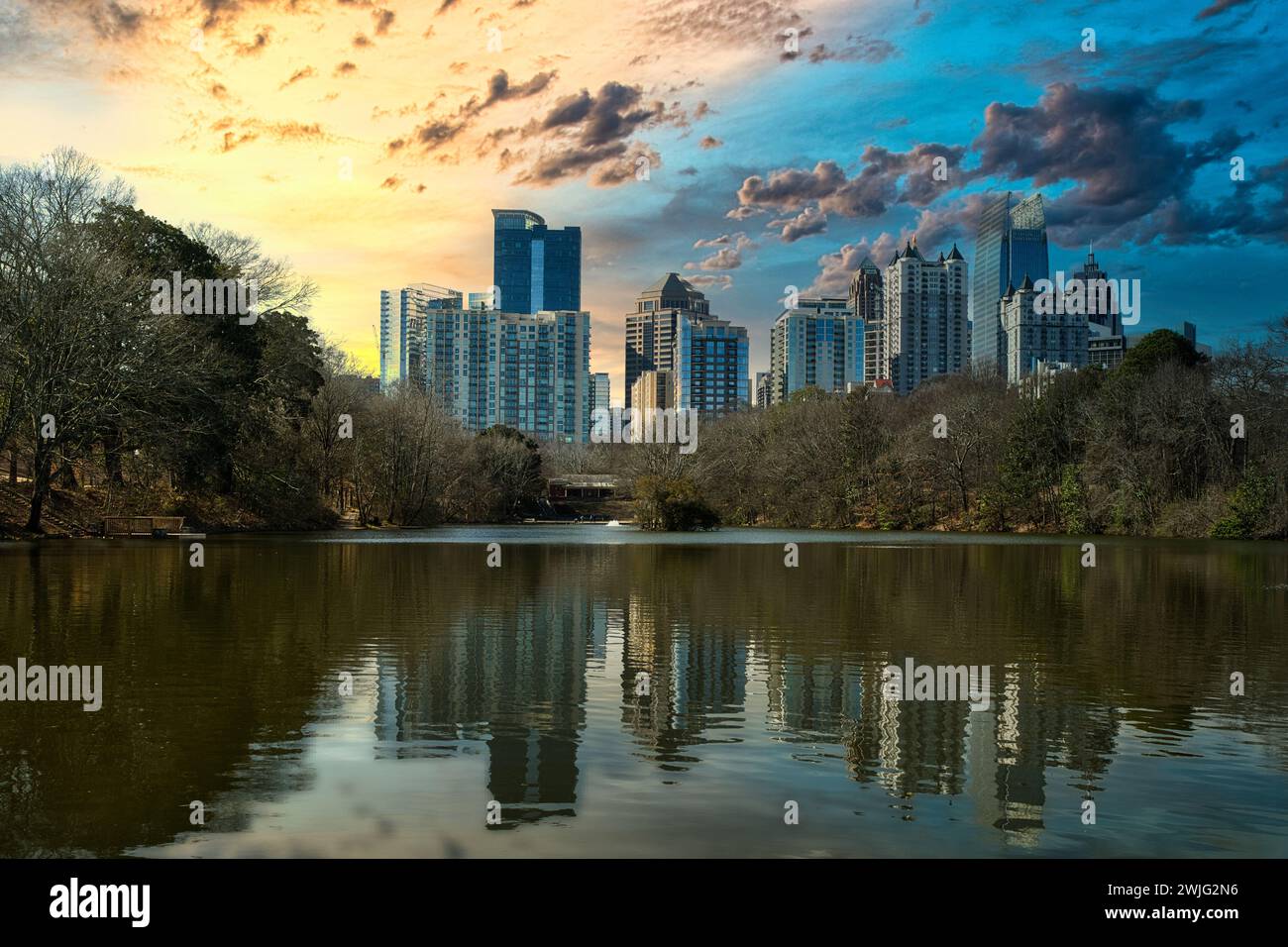 Atlanta, GA- February 4,2023- Panoramic view of Piedmont Park,lake Clara Meer and Atlanta Skyline from Piedmont Park Stock Photo