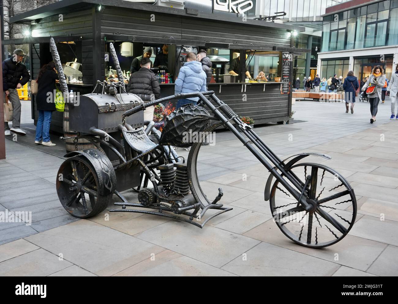 Metal Chopper Motorcycle Sculpture close to Spitalfields Market. London, UK, January 20, 2024. Stock Photo