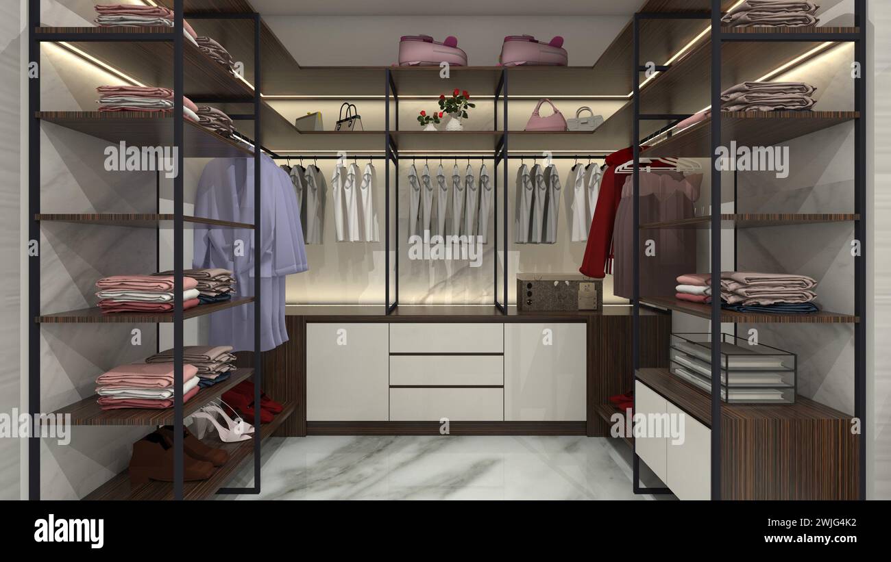 Modern Walk in Closet Design with Wooden Rack Display and Lighting ...