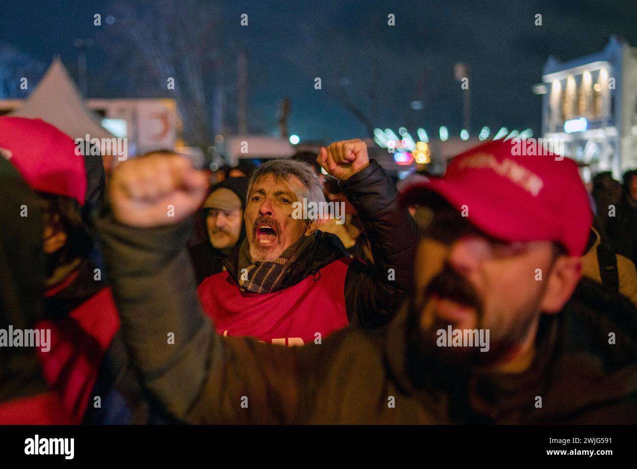 Kadikoy, Istanbul, Turkey. 15th Feb, 2024. Demonstrators shout slogans during the protest against 9 people being buried under the ground as a result of a landslide at the gold mine site in the Ä°lic district of Erzincan in Turkey, on February 13, 2024. The Chief Public Prosecutor's Office launched an investigation regarding the incident and a total of 8 people have been detained sinceÂ yesterday. (Credit Image: © Tolga Uluturk/ZUMA Press Wire) EDITORIAL USAGE ONLY! Not for Commercial USAGE! Stock Photo