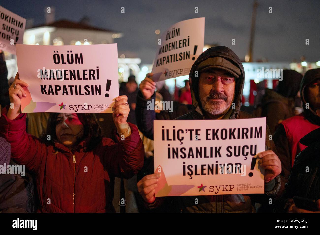 Kadikoy, Istanbul, Turkey. 15th Feb, 2024. Demonstrators carries banners during the protest against 9 people being buried under the ground as a result of a landslide at the gold mine site in the Ä°lic district of Erzincan in Turkey, on February 13, 2024. The Chief Public Prosecutor's Office launched an investigation regarding the incident and a total of 8 people have been detained sinceÂ yesterday. (Credit Image: © Tolga Uluturk/ZUMA Press Wire) EDITORIAL USAGE ONLY! Not for Commercial USAGE! Stock Photo