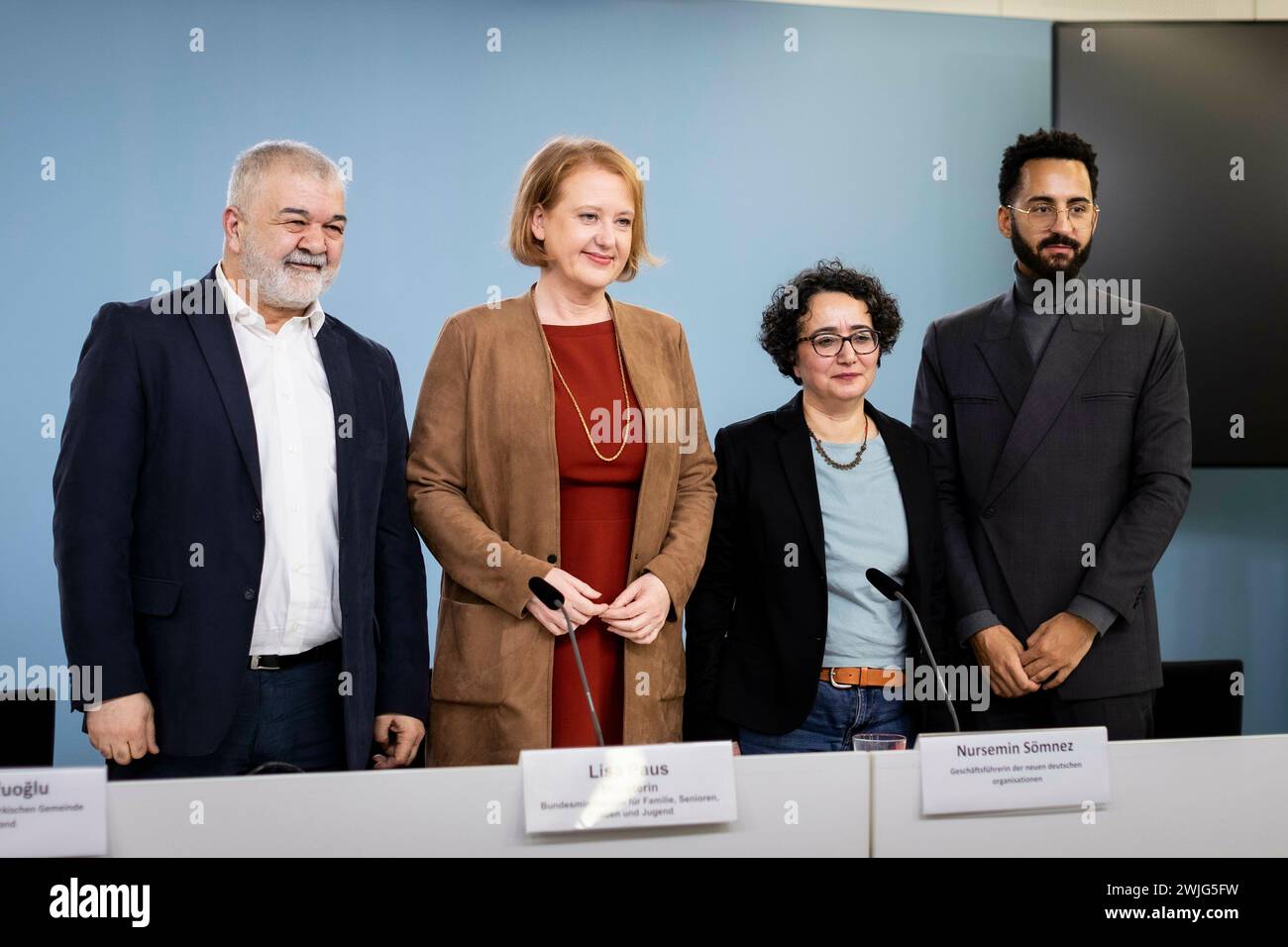 (from left to right) Goekay Sofuoglu, Federal Chairman of the Turkish Community in Germany, Lisa Paus (Buendnis 90/The Greens), Federal Minister for Family, Senior Citizens, Women and Youth, Nursemin Soemnez, Managing Director of the new German organizations, and Angelo Camufingo, co-project manager of the Competence network anti-black racism at Each One Teach One, recorded as part of a press conference on the topic of committed versus misanthropy at the BMFSFJ in Berlin, February 15, 2024. Photographed on behalf of the Federal Ministry for Family, Senior Citizens, Women and Youth. Stock Photo