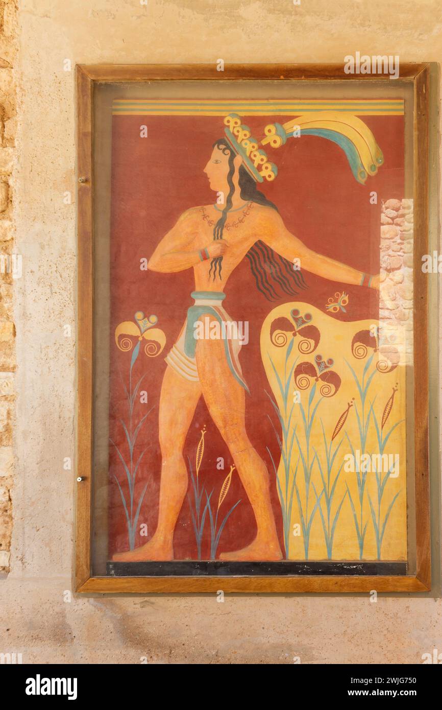 Palace of Minos, Knossos Bronze Age archaeological site, Heraklion, Crete, Greece. Replica of The Prince of the Lilies, the Lily Prince or Priest-King Stock Photo