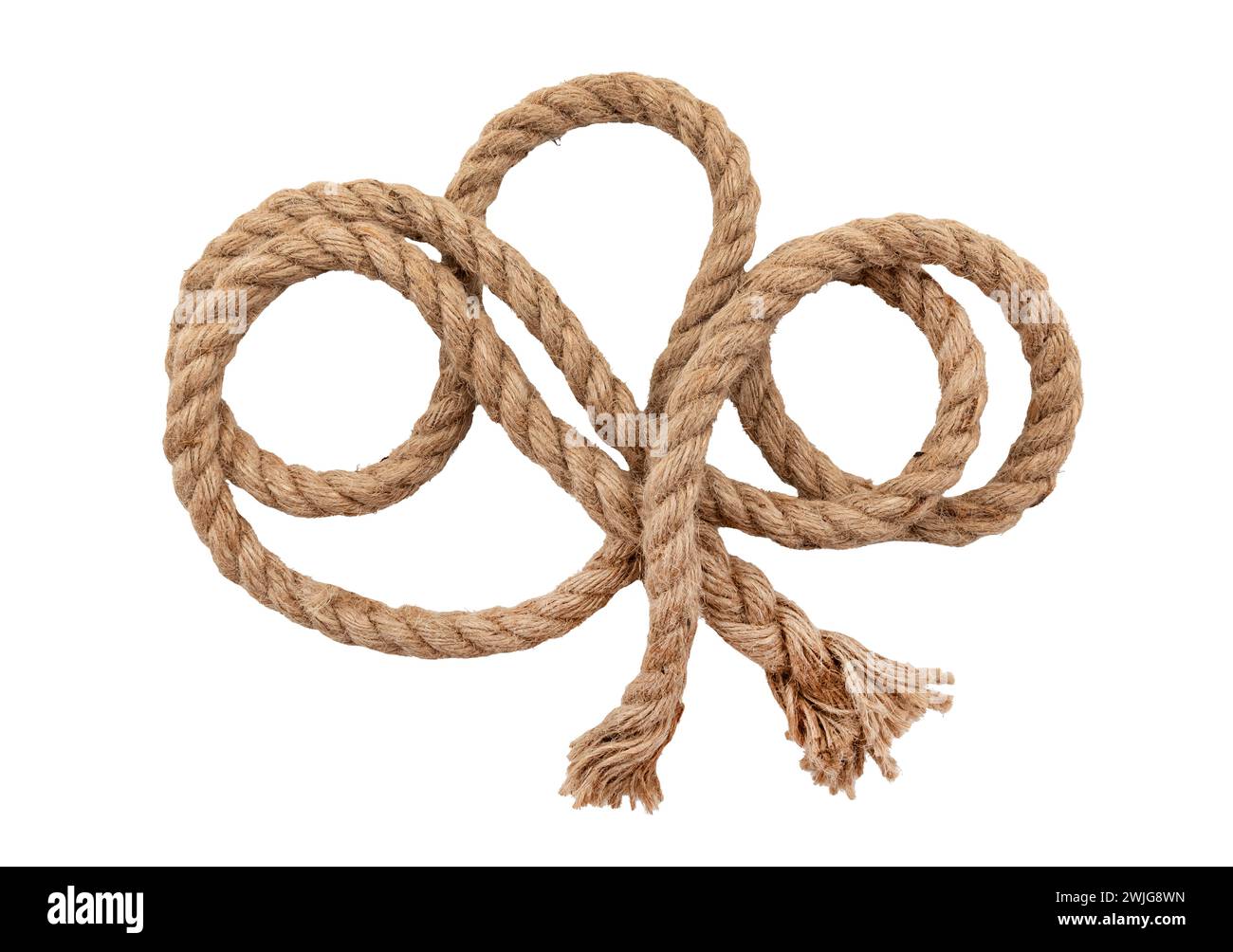 Rope made of jute in loops and knots on a white background. Linen twisted rope isolate Stock Photo