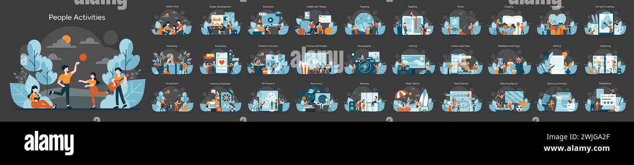 Diverse Interests Collection. A vibrant display of everyday pastimes. From family interactions to self-improvement and leisure activities. Cultural hobbies and modern entertainment. Flat vector Stock Vector