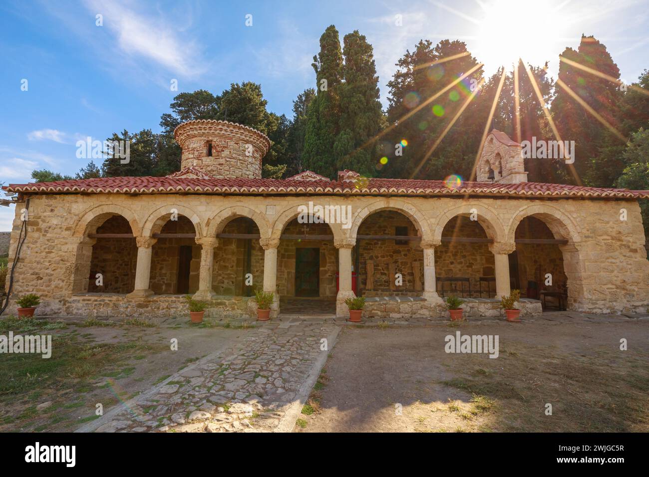 The Saint Mary's Monastery on Zvernec island in Albania is culturally and religiously important. Its origins date back to the 13th century, making it Stock Photo