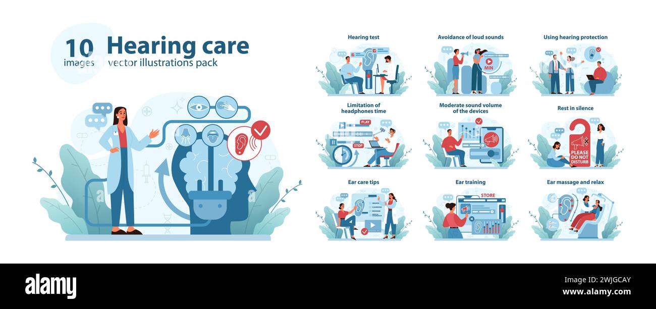 Hearing Care Concept set . Comprehensive vector illustrations depicting various aspects of auditory health, including testing, treatments, and relaxation techniques. Flat vector illustration. Stock Vector