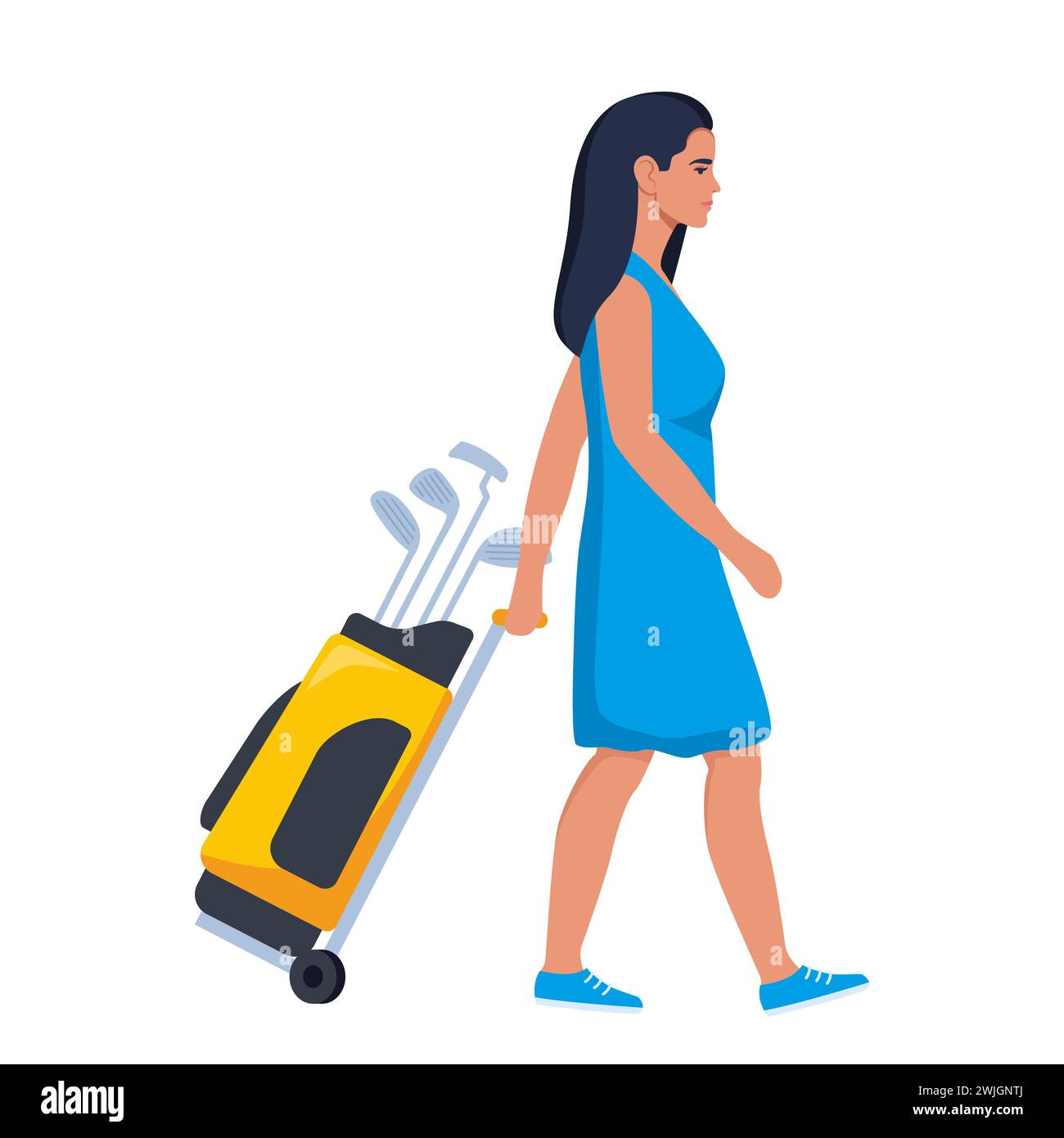 Woman golf player walking with Golf Club bag, side view. Vector Illustration Stock Vector