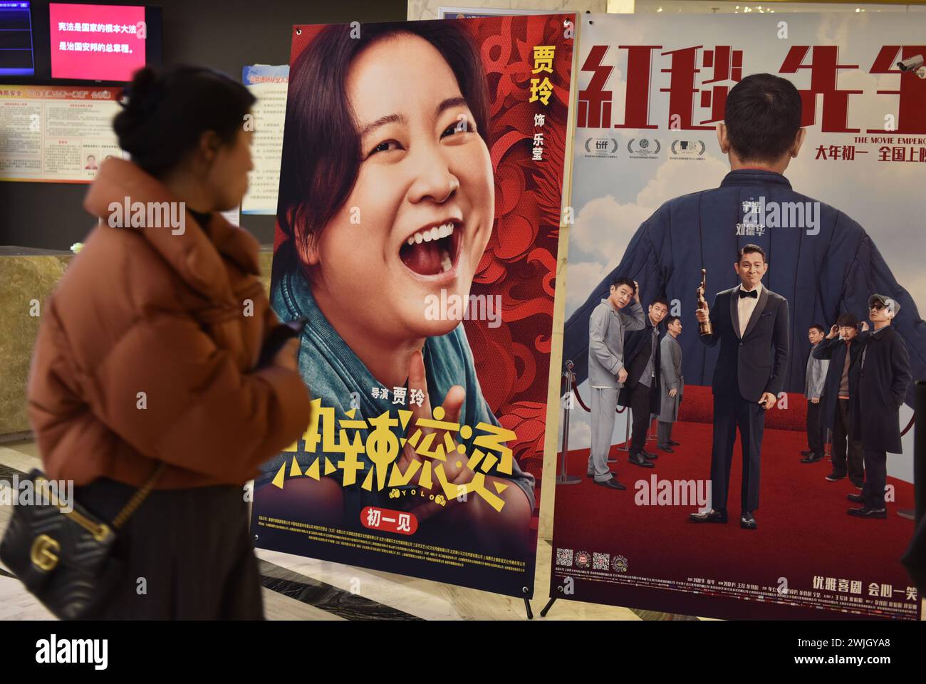 Fuyang, China. 12th Feb, 2024. Movie viewer stands near the recently released posters of 'You Only Live Once' and 'The Movie Emperor' at the cinema. From Feb 10, the Spring Festival holiday will start up to Wednesday, Chinese cinemas grossed over 5.7 billion yuan ($792.4 million). The take represents a 21 percent increase over the same five-day period last year, according to the movie information live tracker Beacon. The holiday will end on Saturday. (Photo by Sheldon Cooper/SOPA Images/Sipa USA) Credit: Sipa USA/Alamy Live News Stock Photo