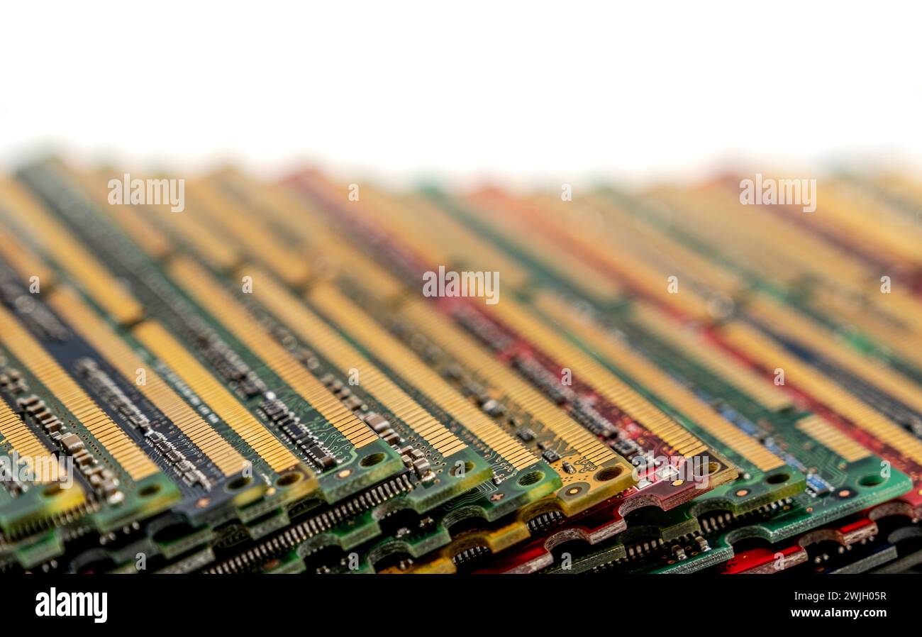 Many different computer memory modules (RAM, SD, DDR, EPROM) Stock Photo