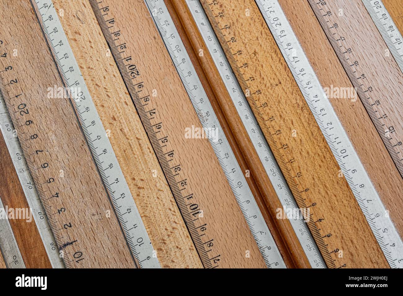 Stack o Retrof wooden rulers Stock Photo